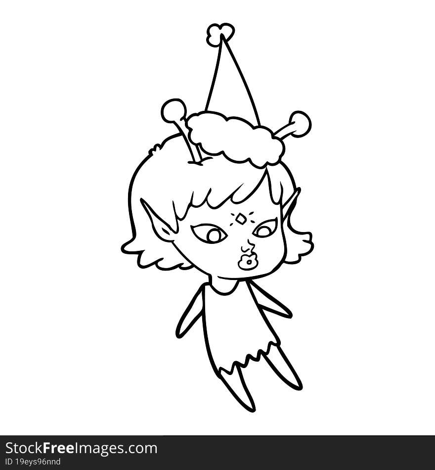 pretty line drawing of a alien girl wearing santa hat