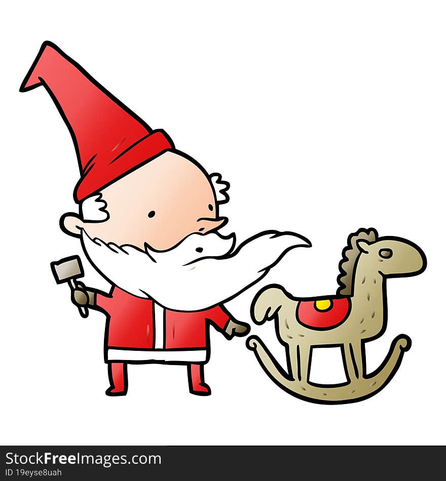 cartoon santa (or elf) making a rocking horse. cartoon santa (or elf) making a rocking horse