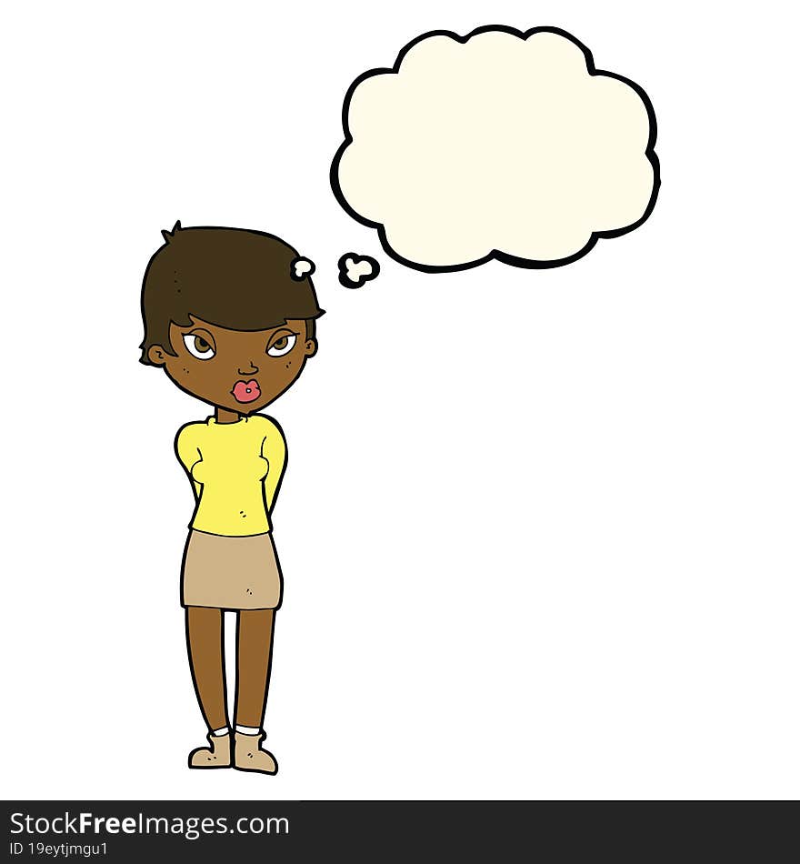 cartoon shy woman with thought bubble