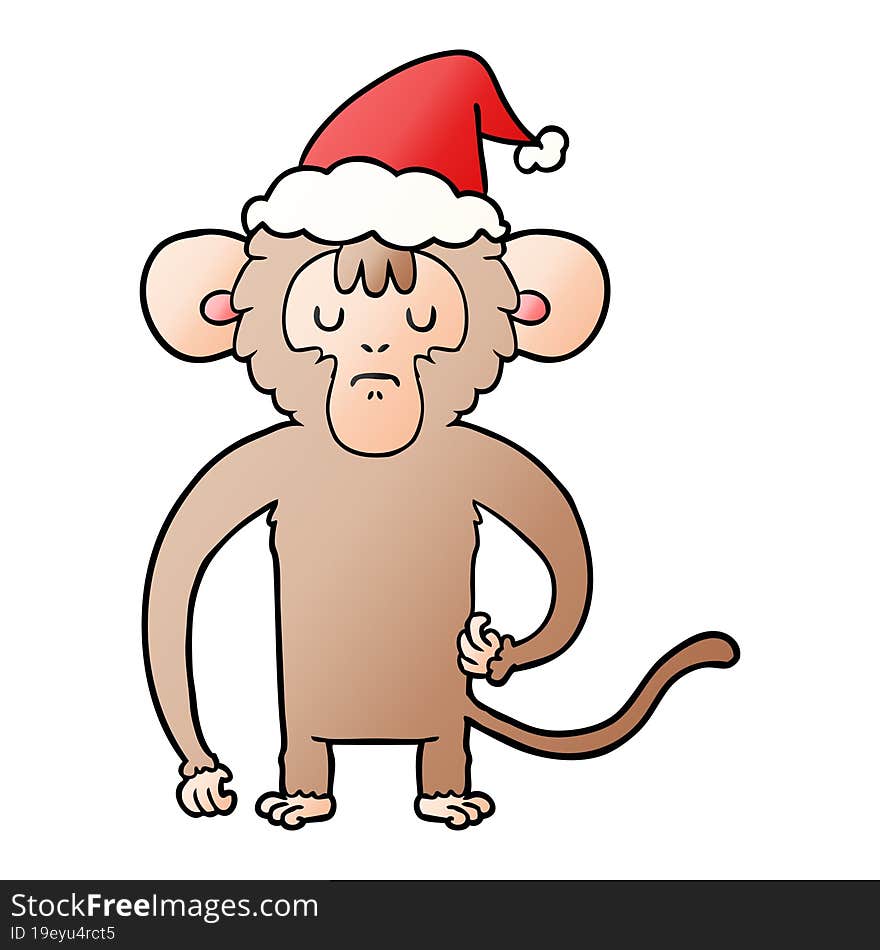 Gradient Cartoon Of A Monkey Scratching Wearing Santa Hat