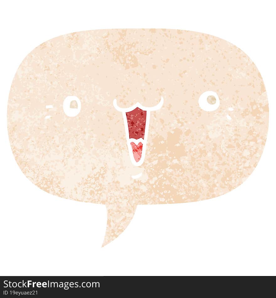 cute cartoon face with speech bubble in grunge distressed retro textured style. cute cartoon face with speech bubble in grunge distressed retro textured style