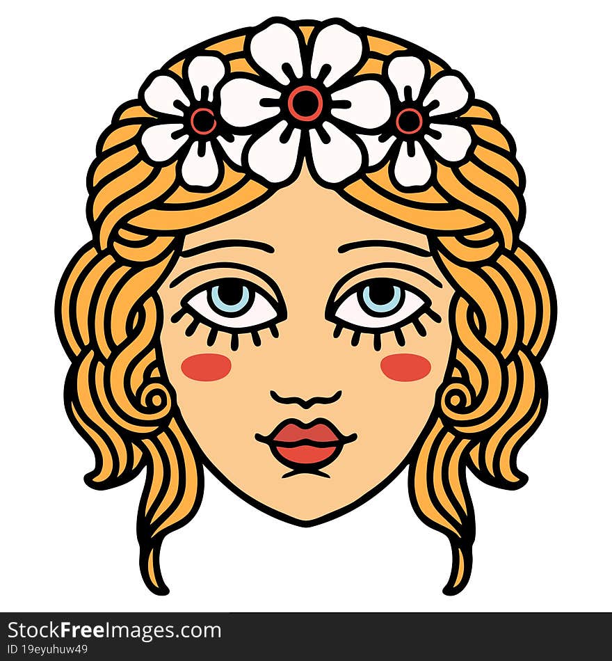 traditional tattoo of female face with crown of flowers