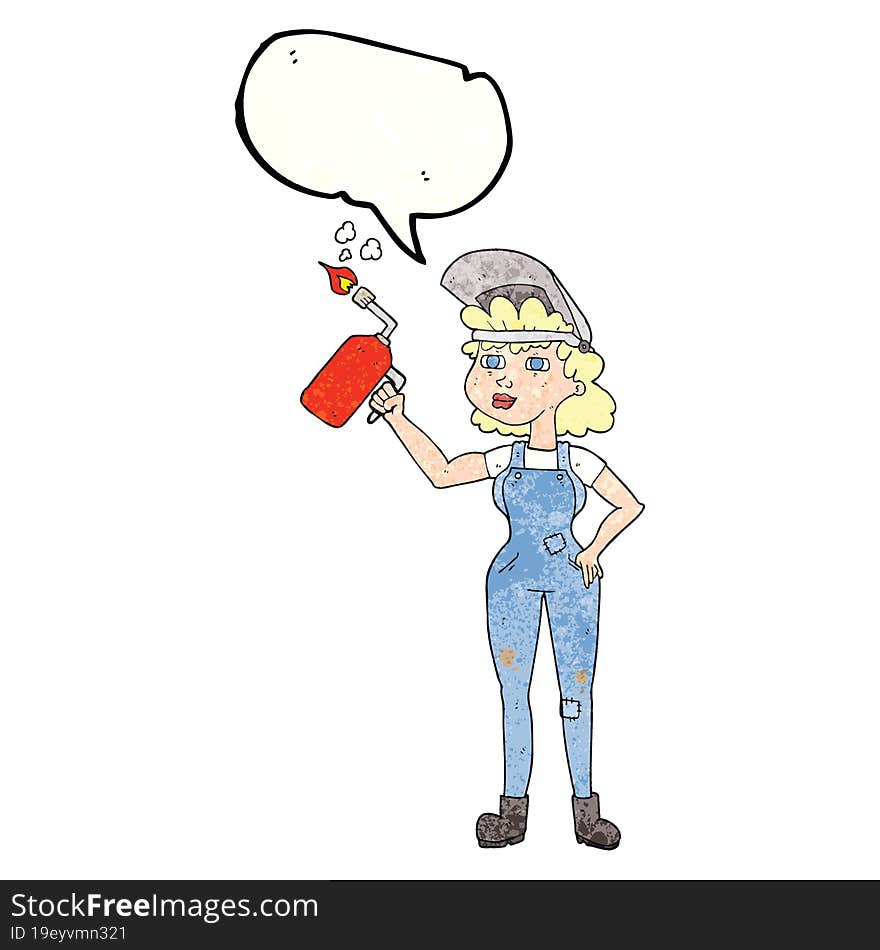 Speech Bubble Textured Cartoon Woman Welding