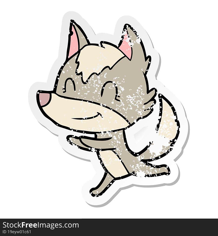 distressed sticker of a friendly cartoon wolf running