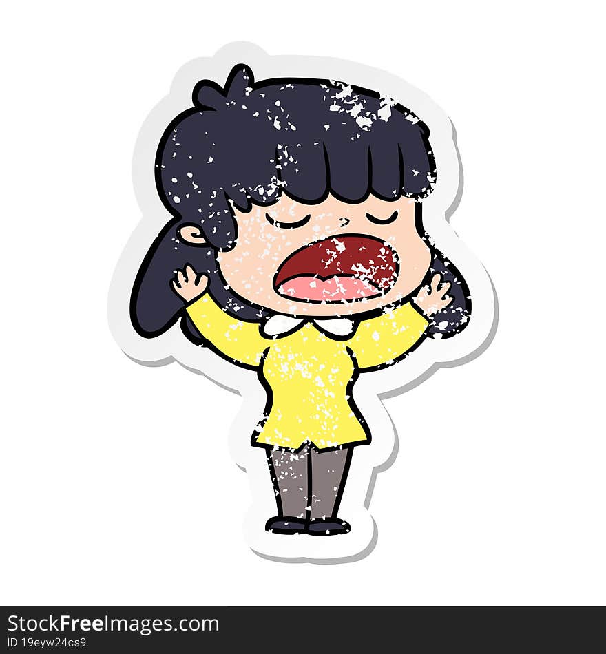 distressed sticker of a cartoon woman talking loudly