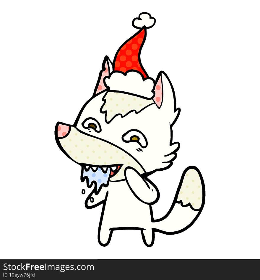 comic book style illustration of a hungry wolf wearing santa hat