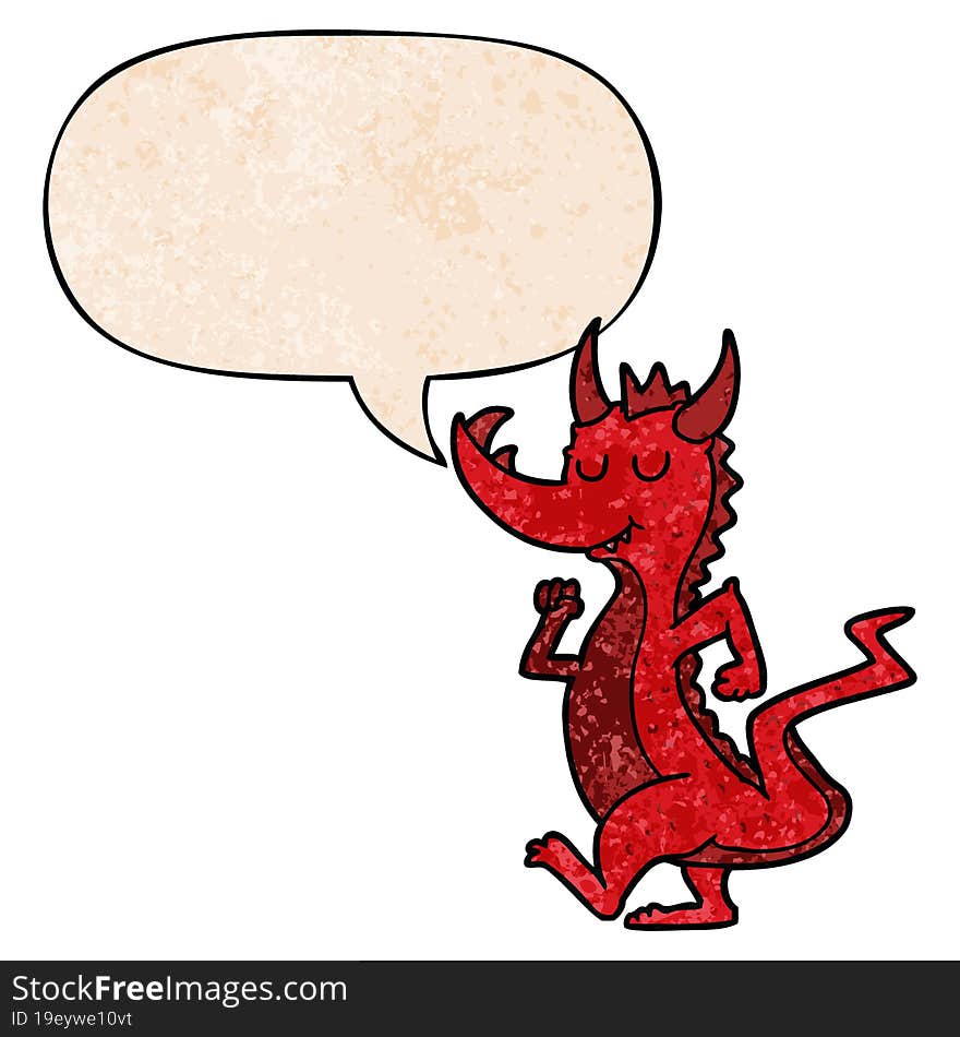 cartoon cute dragon and speech bubble in retro texture style