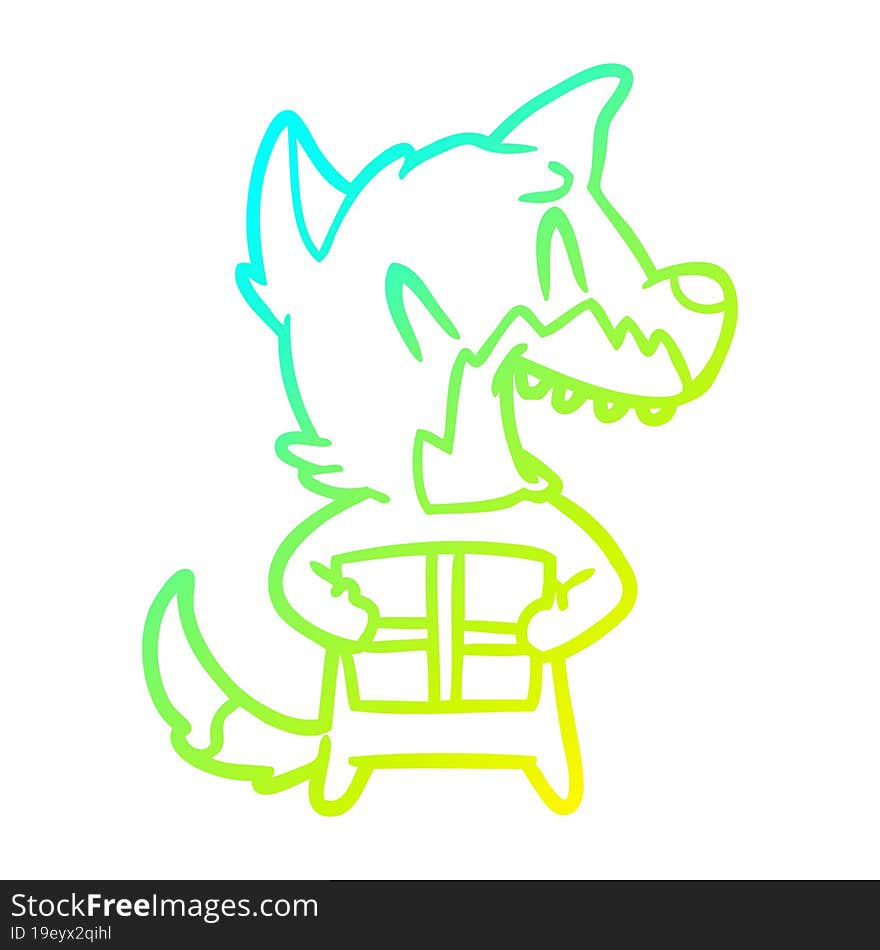 cold gradient line drawing of a laughing christmas fox cartoon