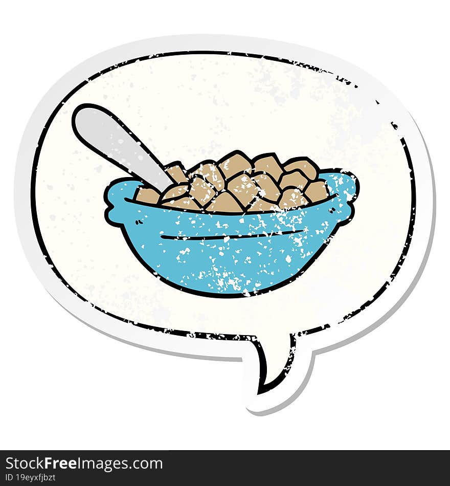 cartoon cereal bowl and speech bubble distressed sticker