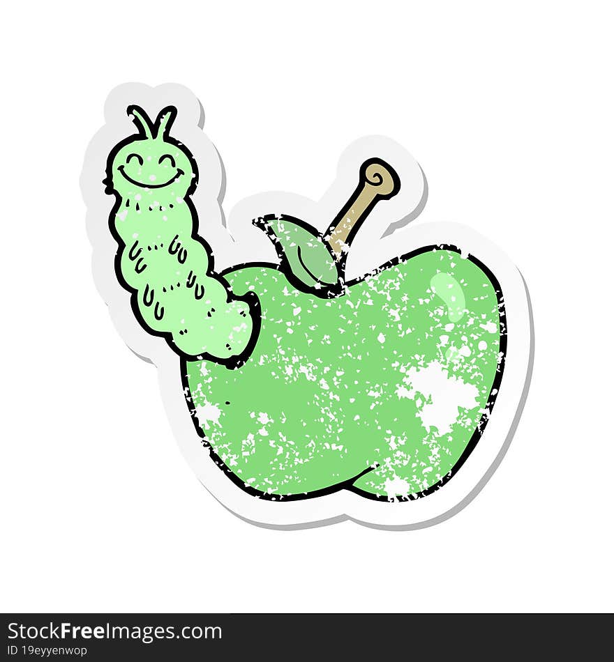 retro distressed sticker of a cartoon bug eating apple