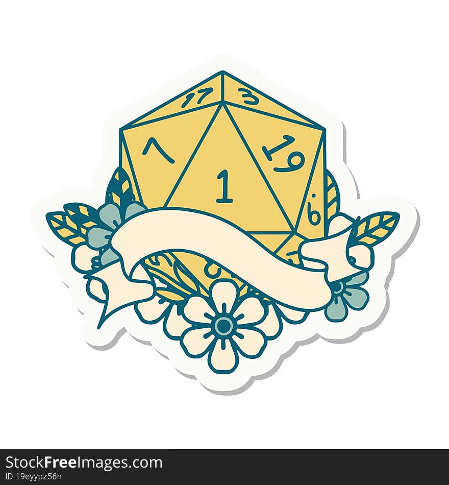 sticker of a natural one d20 dice roll. sticker of a natural one d20 dice roll