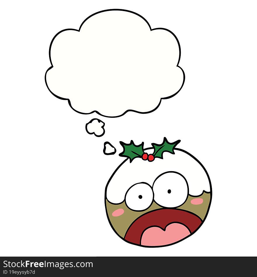 cartoon shocked chrstmas pudding and thought bubble