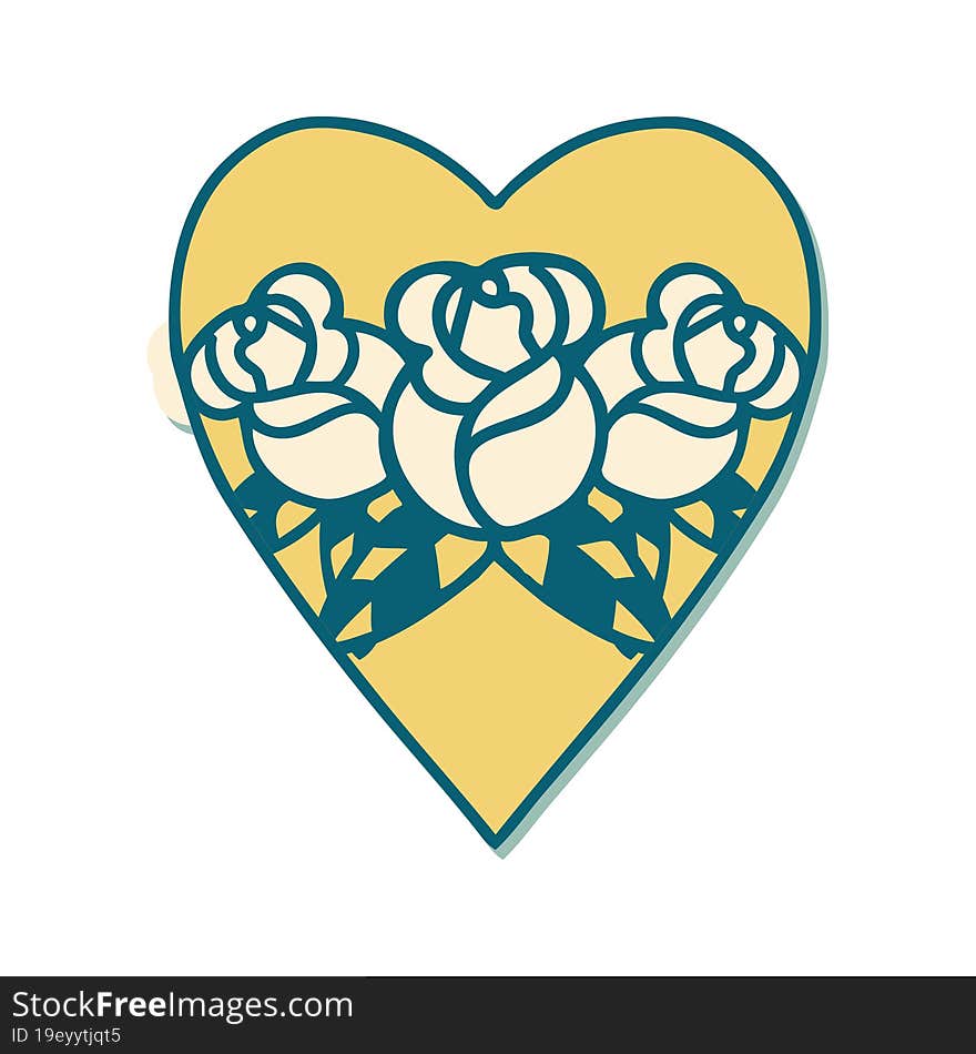 sticker of tattoo in traditional style of a heart and flowers. sticker of tattoo in traditional style of a heart and flowers