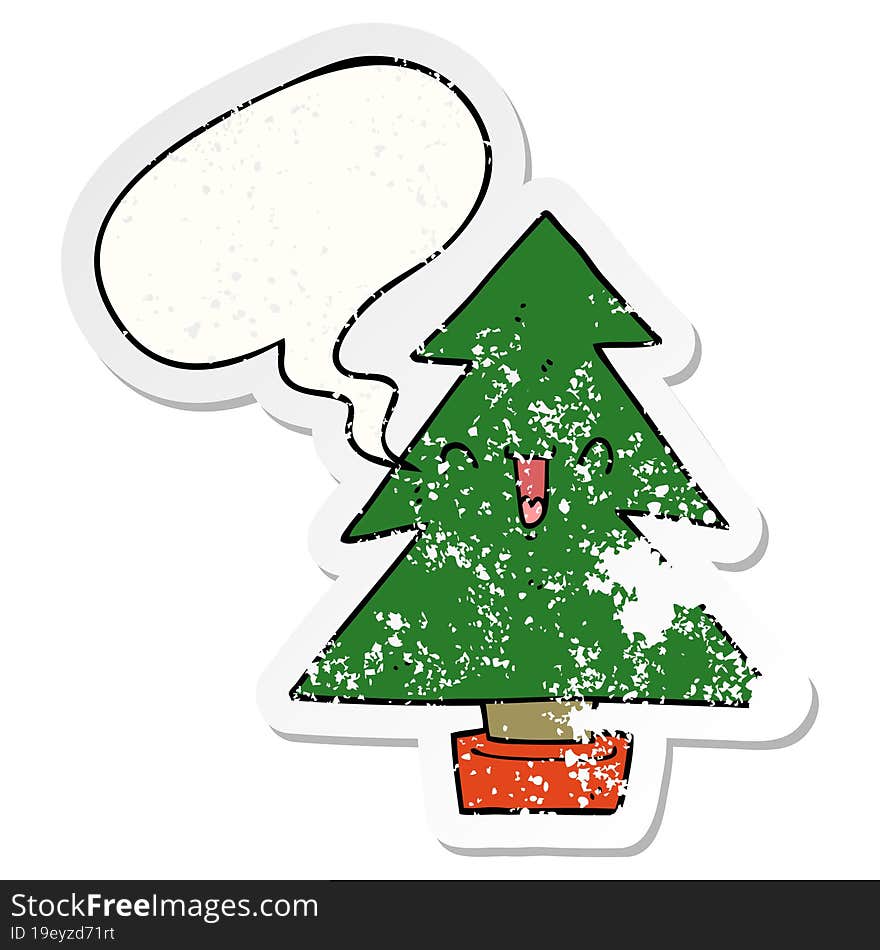 cartoon christmas tree and speech bubble distressed sticker