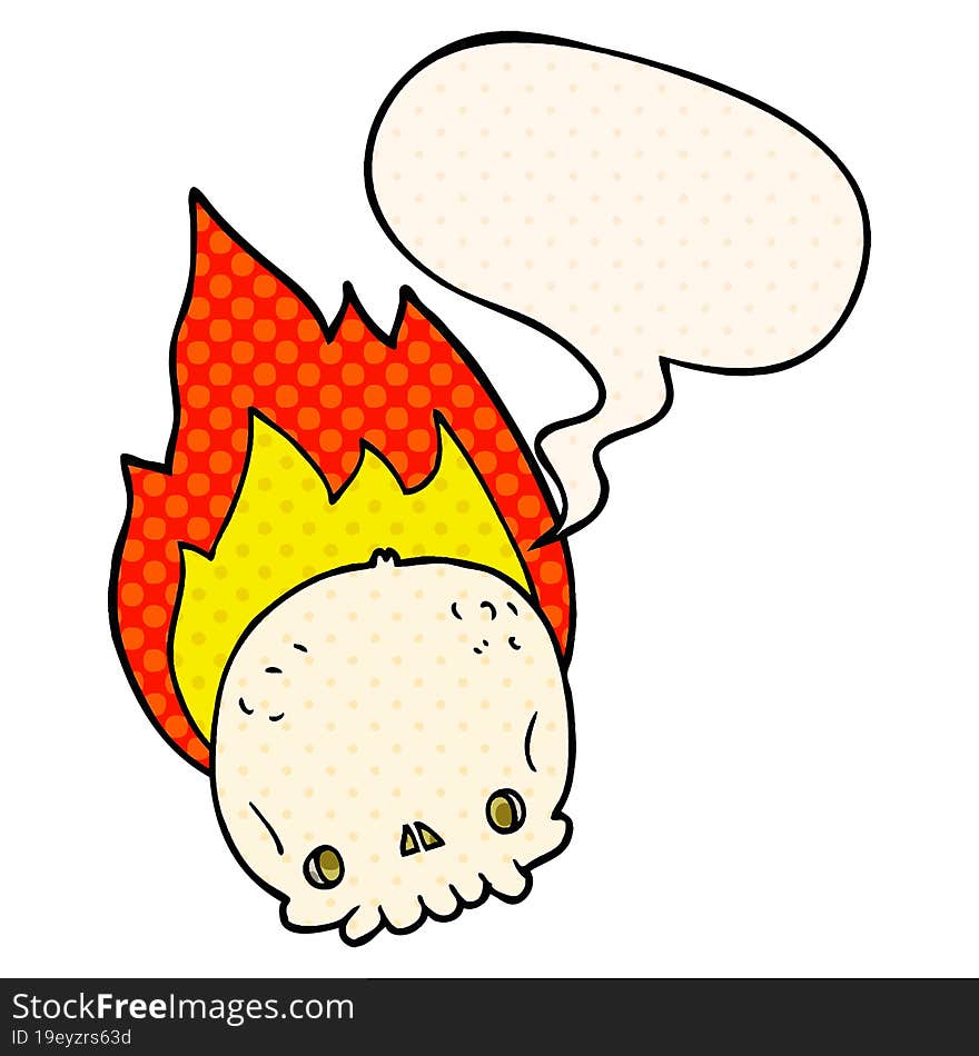 Spooky Cartoon Flaming Skull And Speech Bubble In Comic Book Style