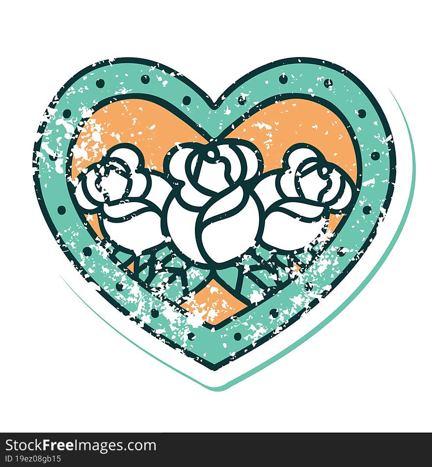 Distressed Sticker Tattoo Style Icon Of A Heart And Flowers