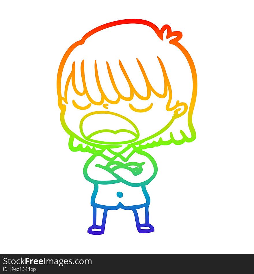 rainbow gradient line drawing cartoon woman talking loudly