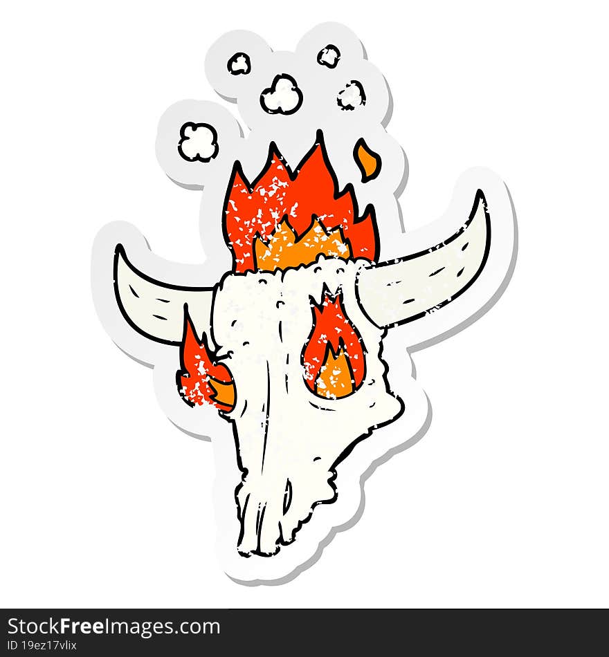 Distressed Sticker Of A Spooky Flaming Animals Skull Cartoon