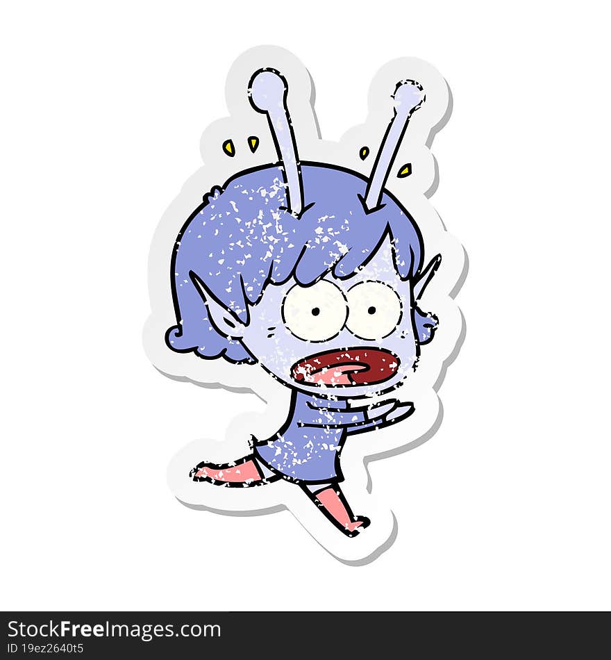 Distressed Sticker Of A Cartoon Shocked Alien Girl