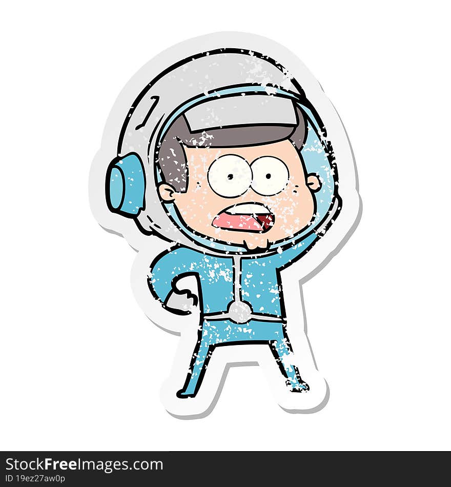 distressed sticker of a cartoon surprised astronaut