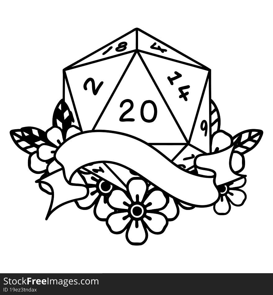 Black and White Tattoo linework Style natural twenty D20 dice roll. Black and White Tattoo linework Style natural twenty D20 dice roll