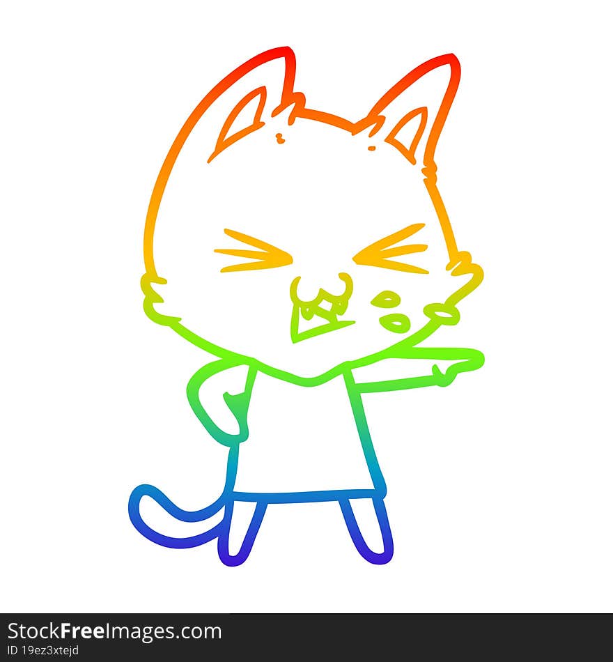 Rainbow Gradient Line Drawing Cartoon Cat Hissing