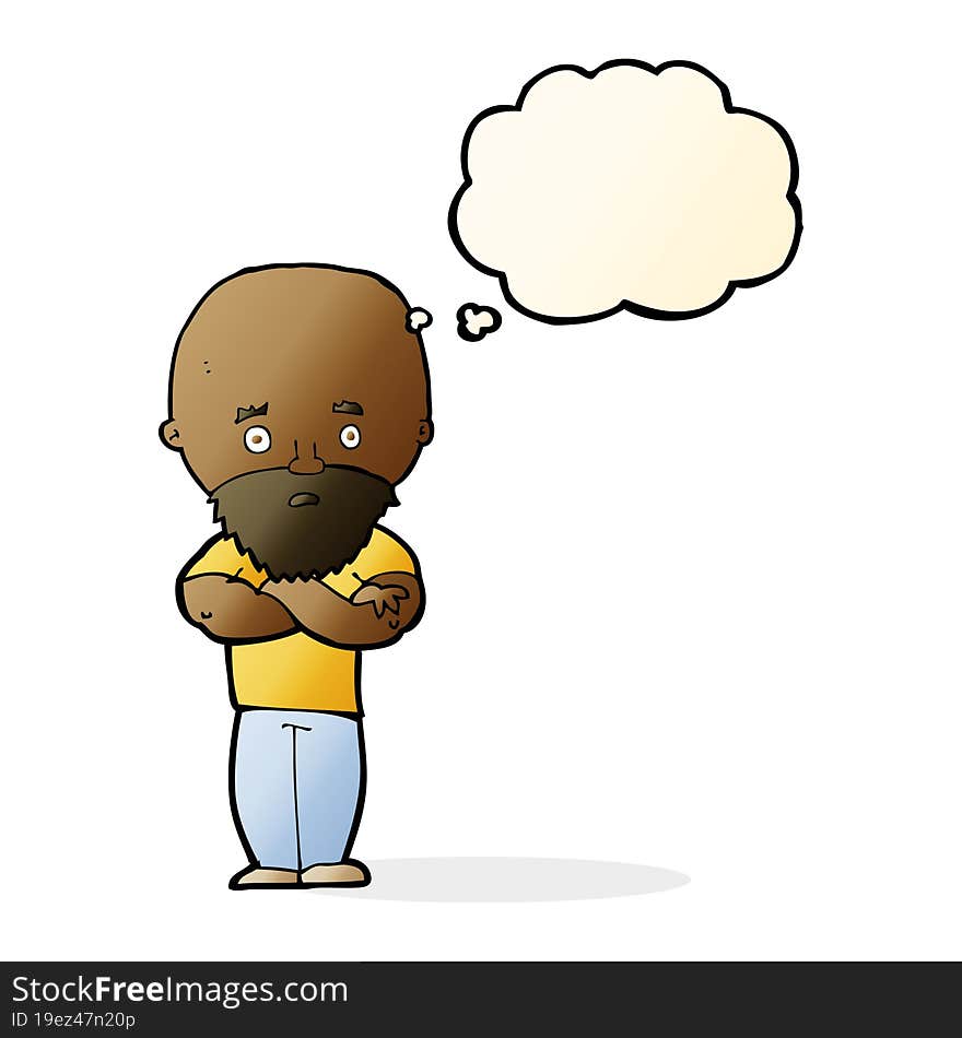 cartoon shocked bald man with beard with thought bubble