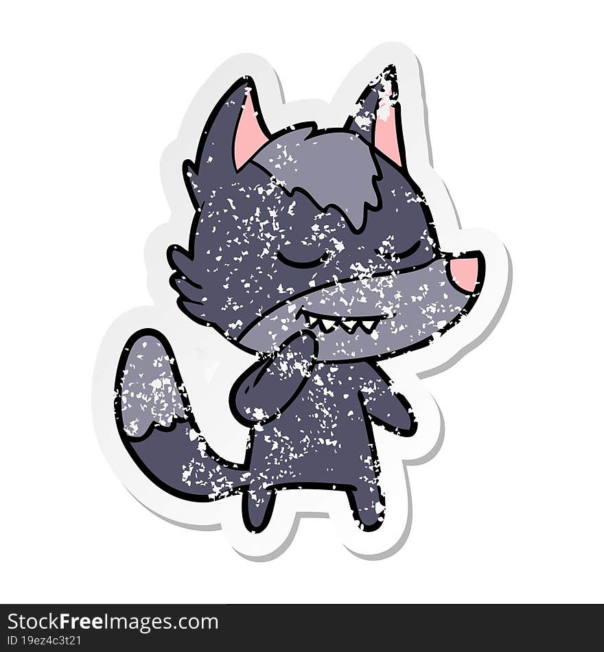 Distressed Sticker Of A Friendly Cartoon Wolf