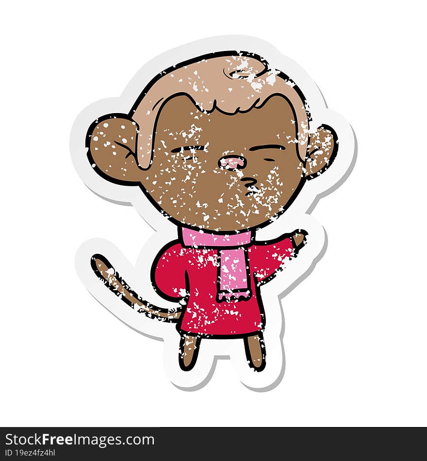 distressed sticker of a cartoon suspicious monkey