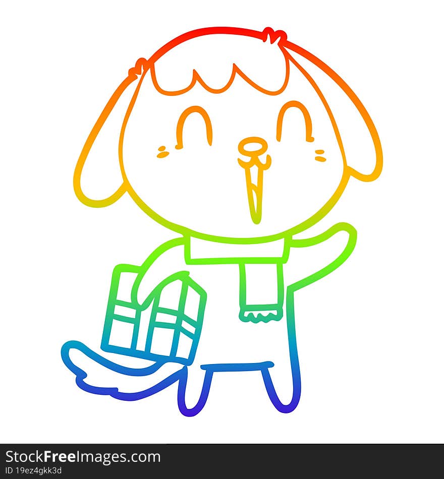 rainbow gradient line drawing of a cute cartoon dog with christmas present