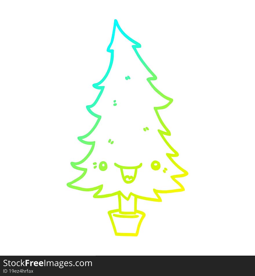 cold gradient line drawing of a cute cartoon christmas tree