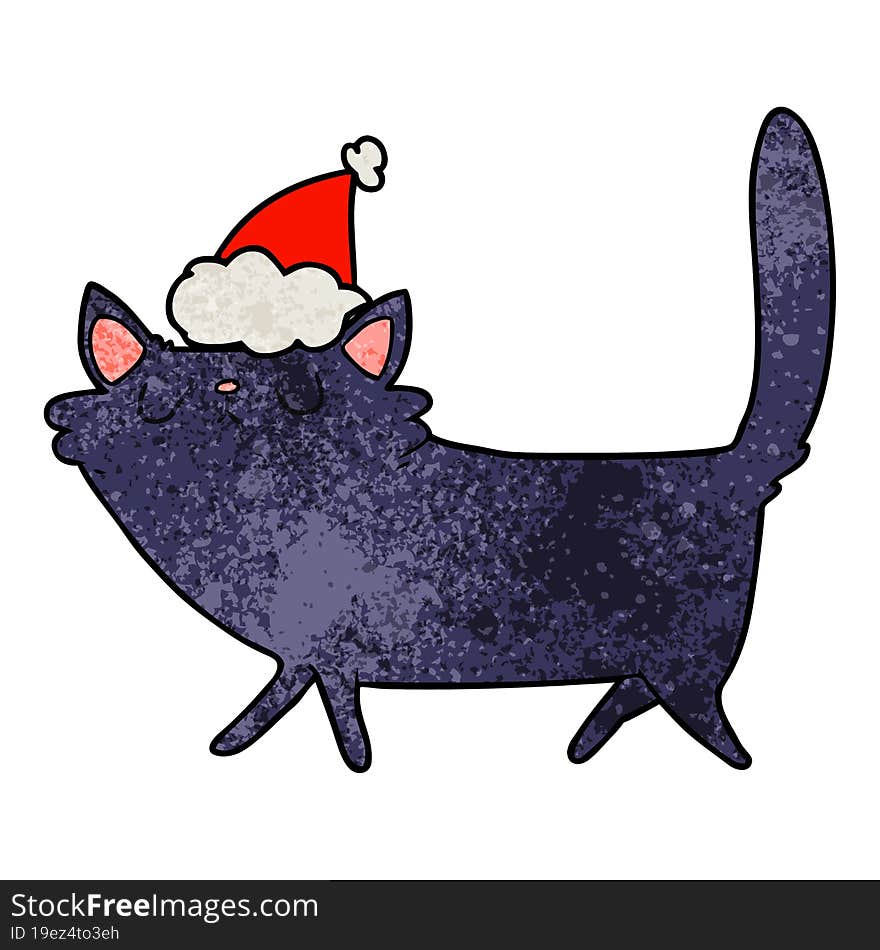 hand drawn textured cartoon of a black cat wearing santa hat