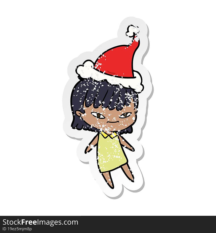 hand drawn distressed sticker cartoon of a woman wearing santa hat