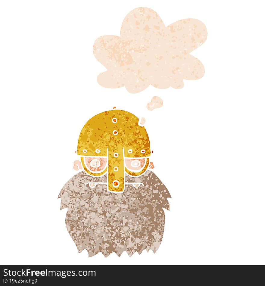 Cartoon Viking Face And Thought Bubble In Retro Textured Style