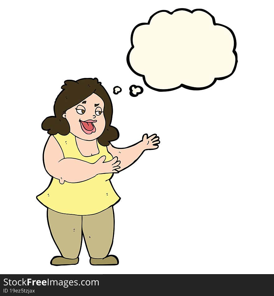 cartoon happy fat woman with thought bubble