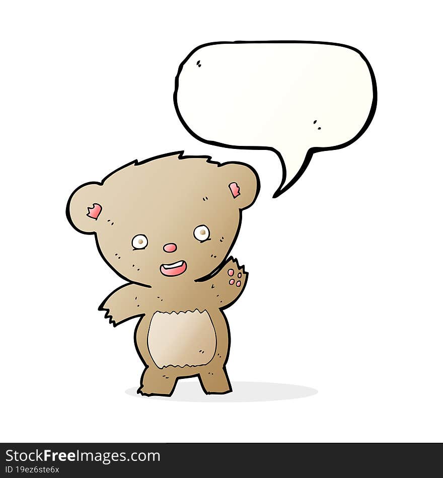 cartoon waving teddy bear with speech bubble