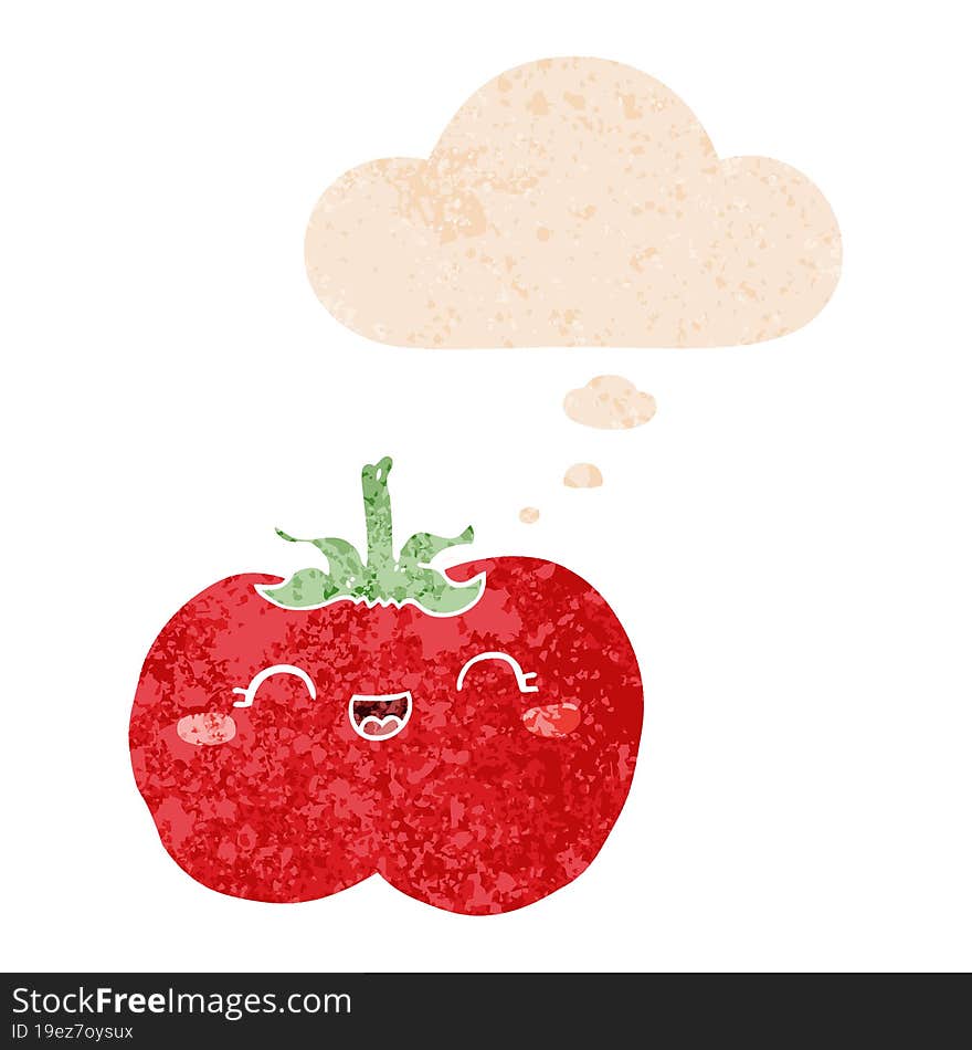 Cartoon Tomato And Thought Bubble In Retro Textured Style