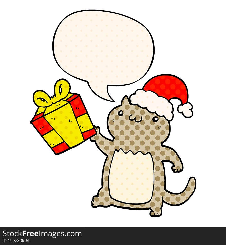 cute cartoon christmas cat and speech bubble in comic book style