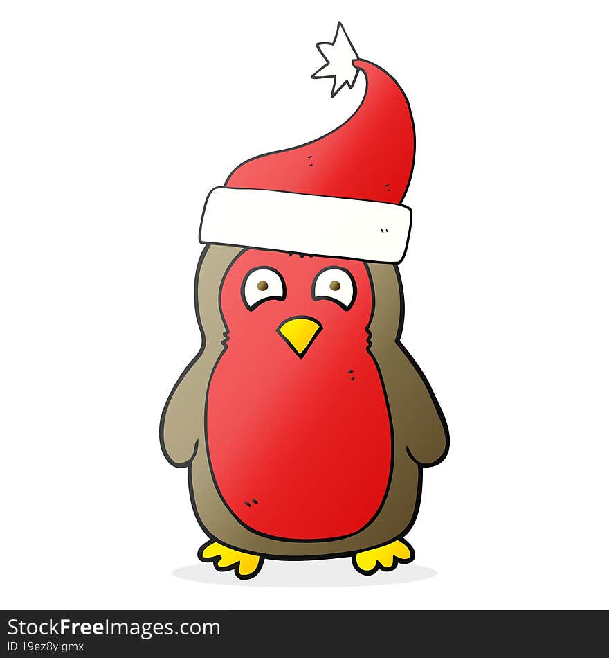 Cartoon Christmas Robin Wearing Santa Hat