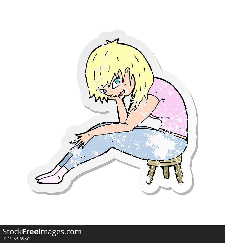 retro distressed sticker of a cartoon woman sitting on small stool