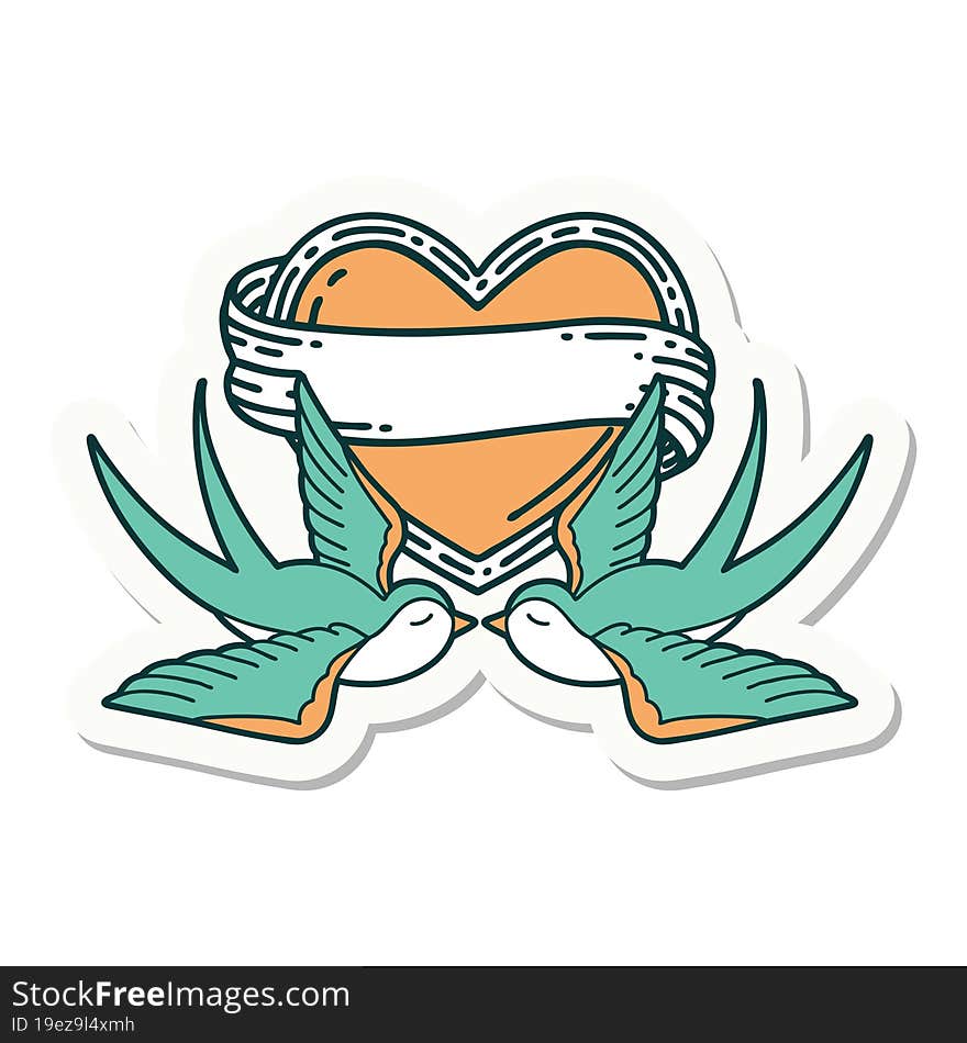 sticker of tattoo in traditional style of swallows and a heart with banner. sticker of tattoo in traditional style of swallows and a heart with banner