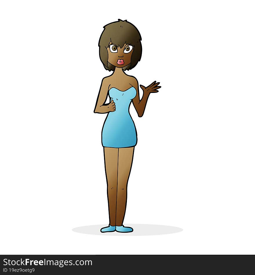 cartoon confused woman in cocktail dress