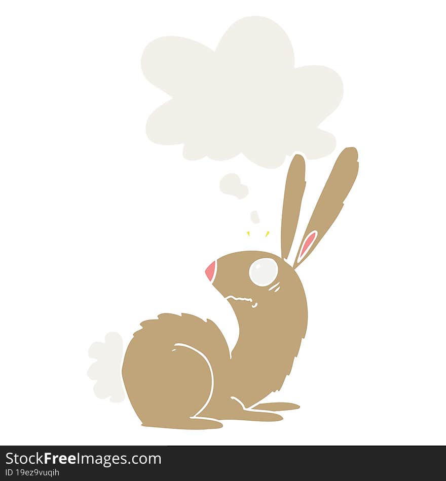 cartoon startled bunny rabbit with thought bubble in retro style