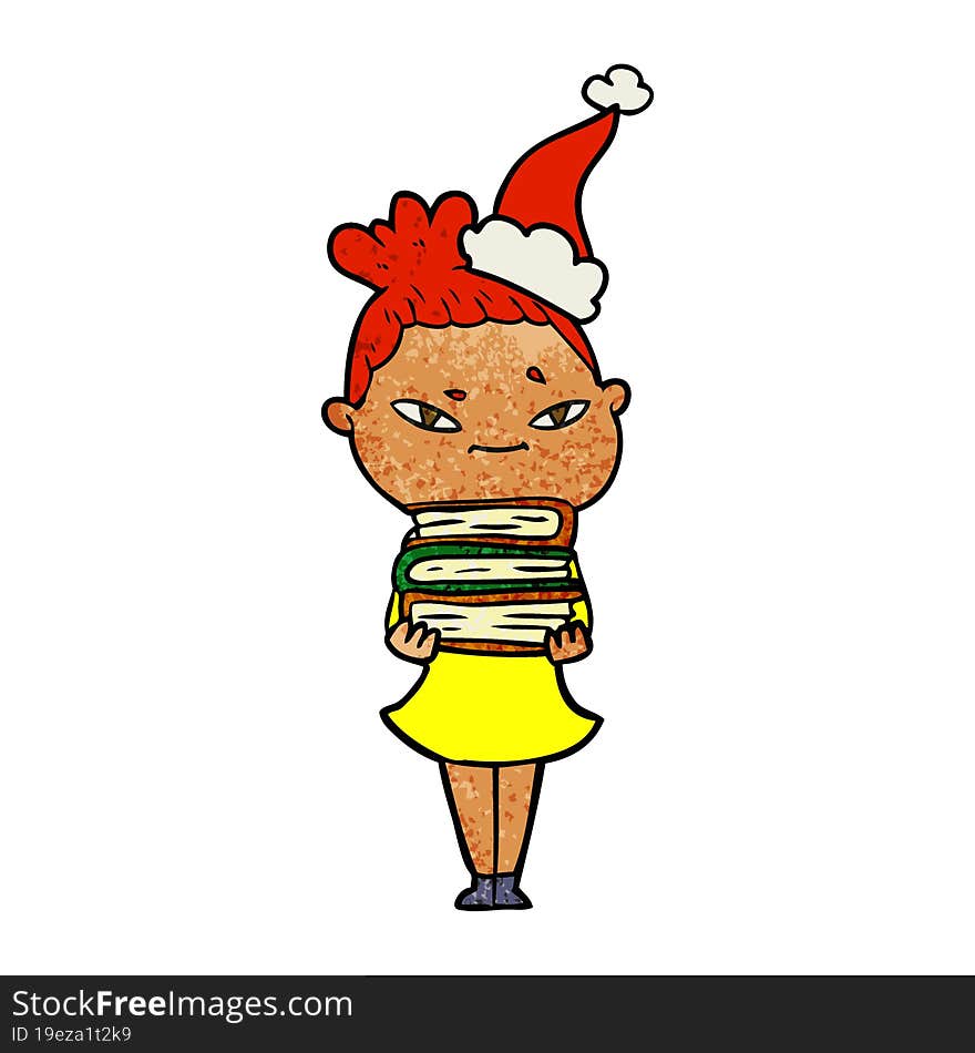 hand drawn textured cartoon of a woman wearing santa hat