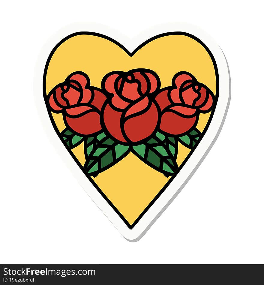 sticker of tattoo in traditional style of a heart and flowers. sticker of tattoo in traditional style of a heart and flowers