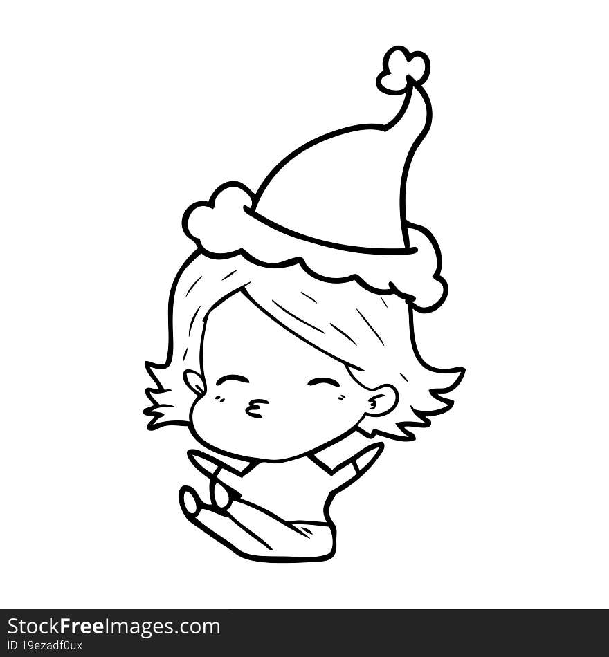 line drawing of a woman sitting wearing santa hat