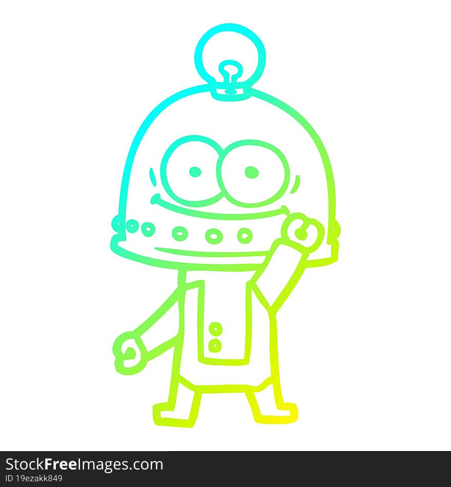 cold gradient line drawing of a happy carton robot with light bulb