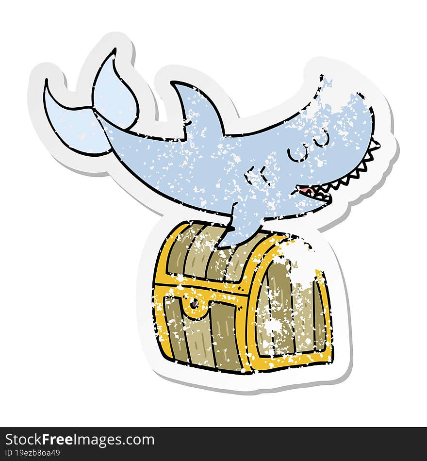 Distressed Sticker Of A Cartoon Shark Swimming Over Treasure Chest