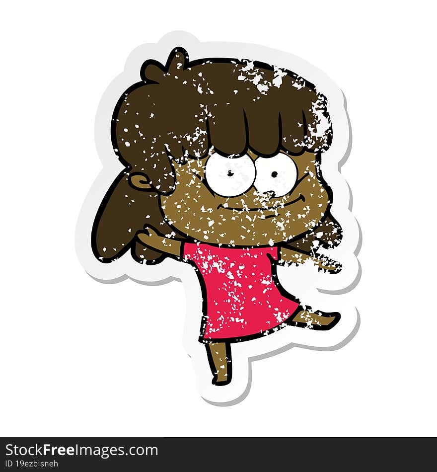 distressed sticker of a cartoon smiling woman