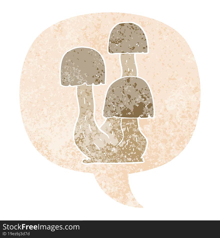 cartoon mushroom with speech bubble in grunge distressed retro textured style. cartoon mushroom with speech bubble in grunge distressed retro textured style